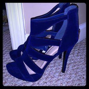 Brand New Blue Suede Strap Open Toe Heels